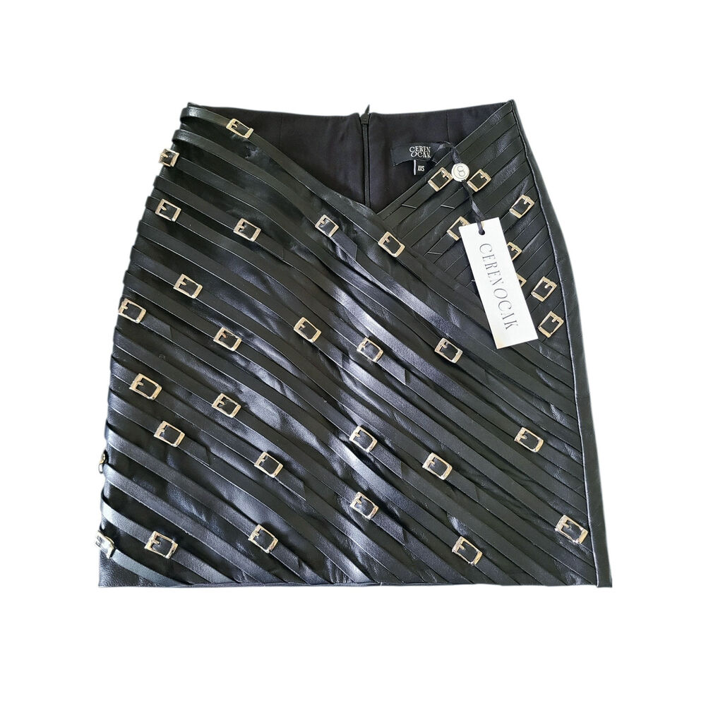 Ceren Ocak Black Lamb Leather Buckle Mini Skirt - AS IS - Archival Piece NWT XXS